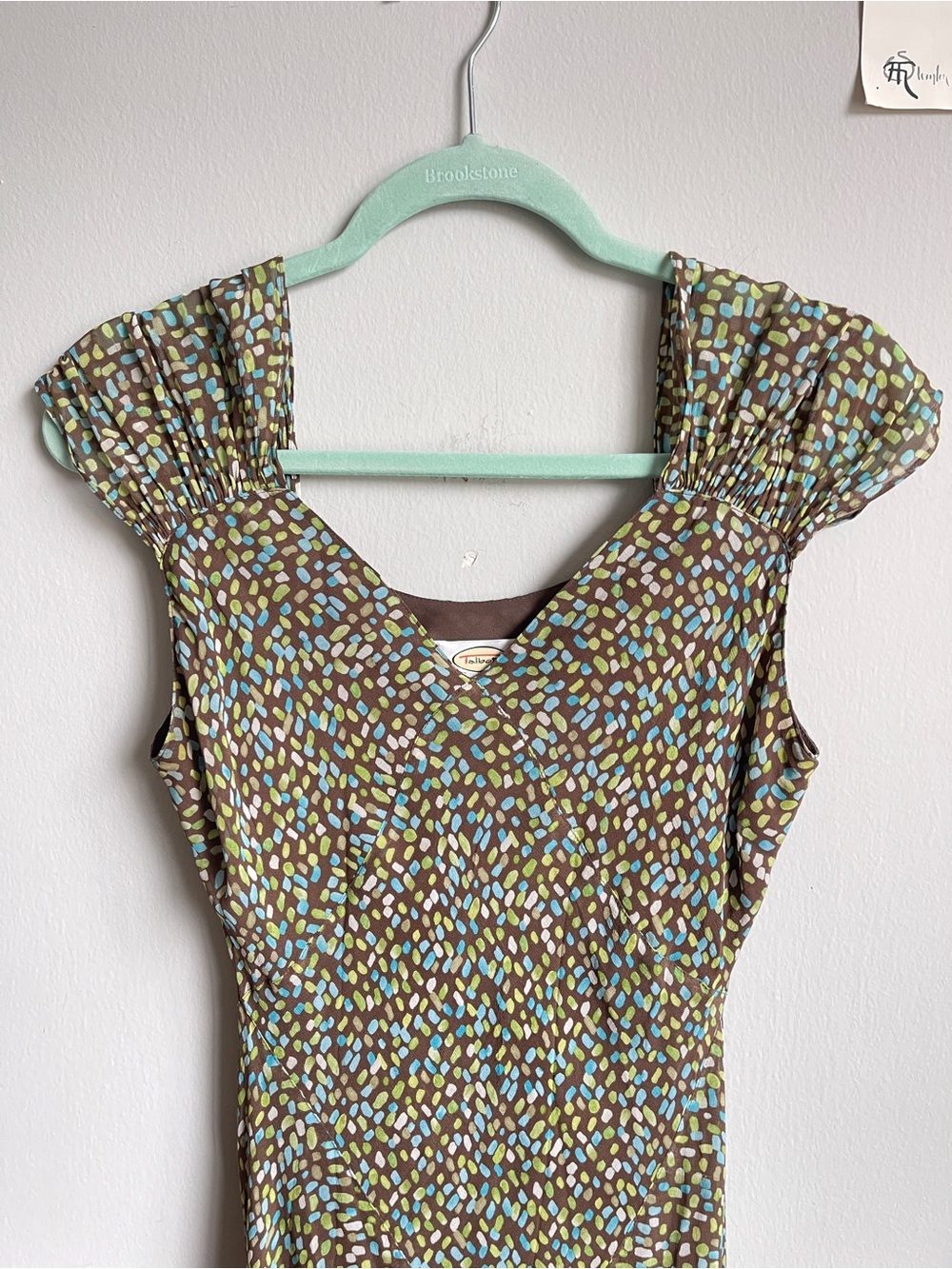 Vintage Y2K 100% Silk Brown Midi Dress with Cap Sleeves and Green & Blue Dots